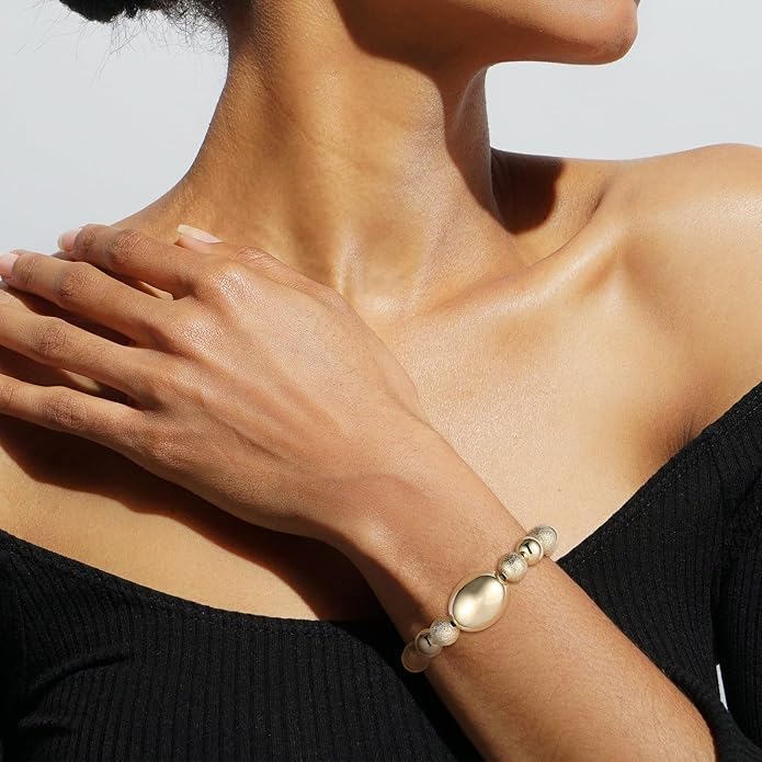 HZMAN Gold-Plated Brass Stretch Bracelet One-Size-Fits-All Wrist Bead Accents Beach & Daily Wear Lightweight & Hypoallergenic Jewelry Gift for Women