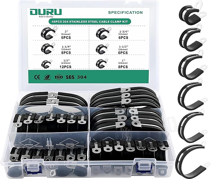 OURU 46PCS Cable Clamps Assortment Kit, Rubber Coated, 1/2"-2" 6 Sizes | 304 by OURU