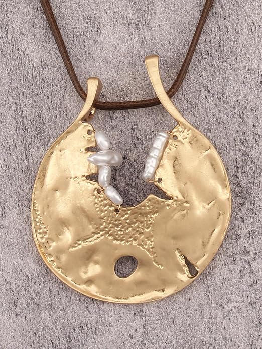 GelConnie Leather Necklace for Women Large Pendant Long Brown Necklace Circle Leather Choker Vintage Sweater Necklace Gold Chunky Boho Necklaces for Women