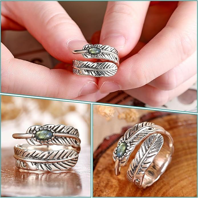 Sterling Silver Feather Ring with Black Onyx & Turquoise - Adjustable Stacking Vintage Statement Ring for Women & Men