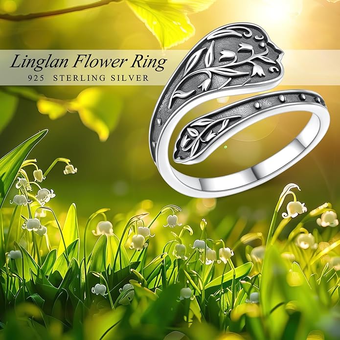 925 Sterling Silver Hummingbird/Sunflower Turquoise/Moonstone/Lily of the Valley Flower Spoon Ring Adjustable Open Ring Statement Thumb Ring Jewelry for Women