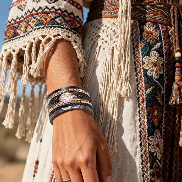 Wrapped Bracelets for Women,Leather Bracelet,Boho Bracelets for Women,Multi-Layer Pearl Crystal Bracelet Bangle Jewelry
