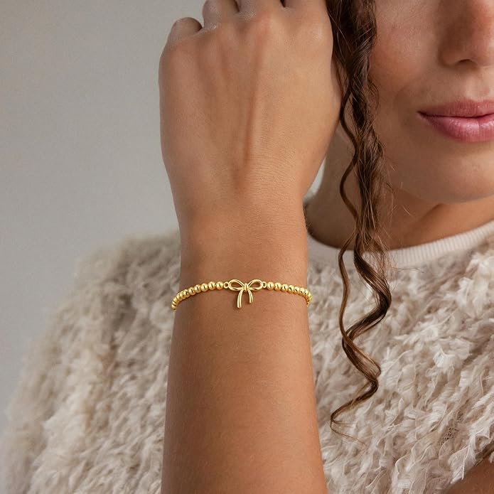 Gold Bracelets for Women, Cute 14K Gold/Silver Plated Stretch Beaded Bracelets for Women Trendy Stackable Charm Bracelet Dainty Adjustable Waterproof Non Tarnish Jewelry Gifts for Her