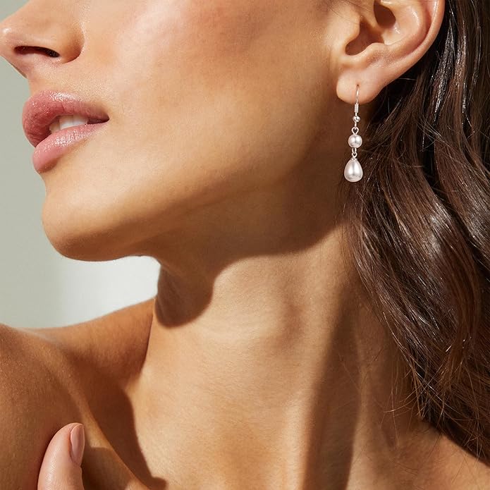 Gold Pearl Dangle Earrings for Women, 14K Gold Plated Small Pearl Drop Huggie Hoop Earrings, Hypoallergenic Dainty Gold Earrings Wedding Jewelry Gifts for Women Trendy