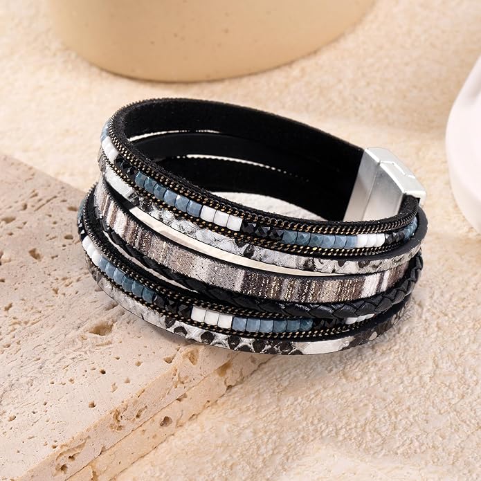 Wrapped Bracelets for Women,Leather Bracelet,Boho Bracelets for Women,Multi-Layer Pearl Crystal Bracelet Bangle Jewelry