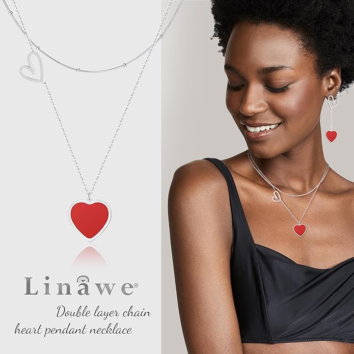 Linawe Layered Choker Heart Pendant Necklace for Women Trendy, Gold/Silver/Rose Gold Chain Stainless Steel Stacked Necklaces, Double Heart Necklace Y2K Preppy Jewelry