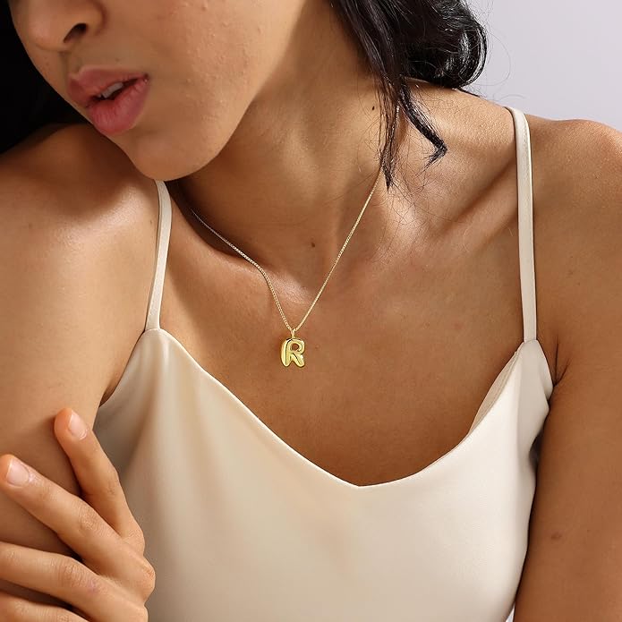 Bubble Gold Silver Letter Necklace Initial Necklaces for Women Trendy 14K Dainty Charm Pendant Name Necklace Personalized Jewelry Gift for Women Teen