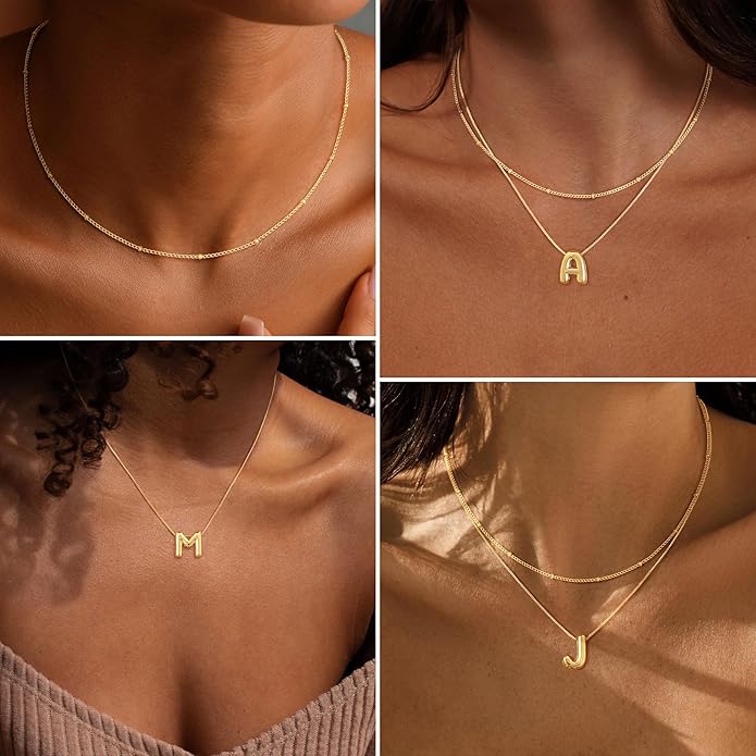 Initial 14K Gold Plated Necklaces for Women, Layered Bubble Letter A-Z Necklace Pendant Choker Necklaces for Women Trendy Monogram Name Necklace Personalized Jewelry for Women
