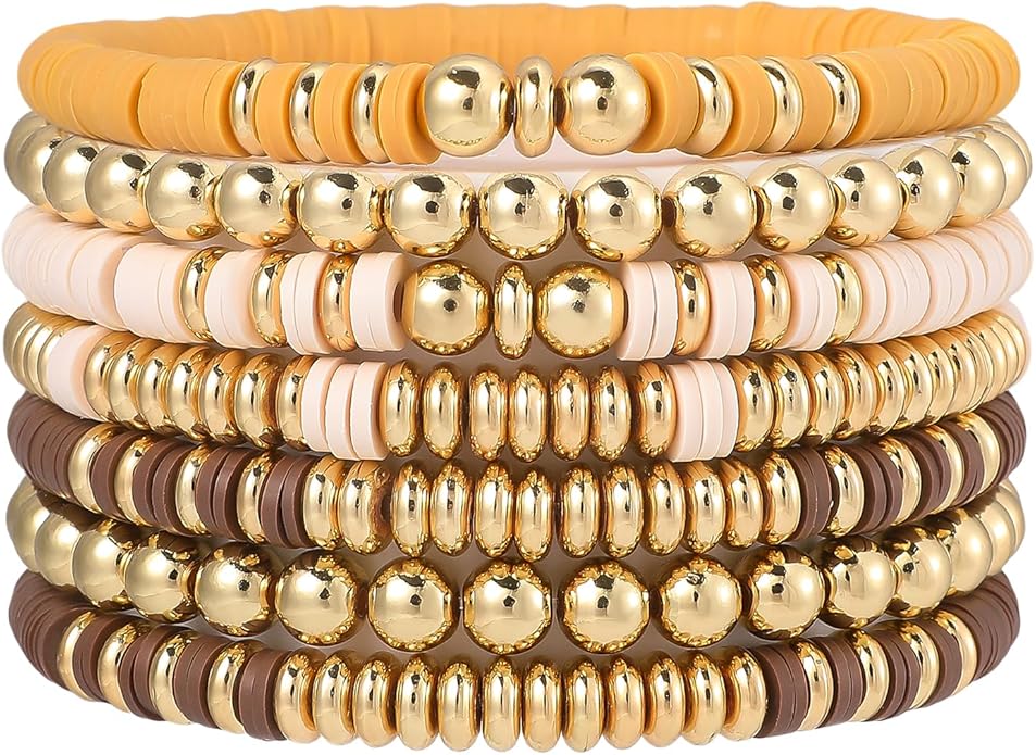 GOOJIDS Surfer Heishi Clay Bead Bracelets for Women Bohemian Stackable Gold Plated Beaded Stretch Bracelets Elastic Layering Friendship Bracelets Set Boho Jewelry