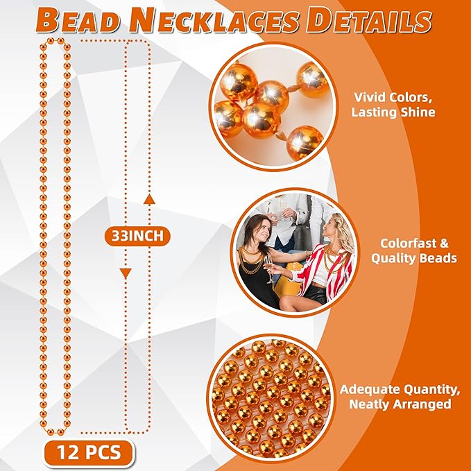 YAXINRUI 12 PCS Orange Bead Necklaces, Orange Mardi Gras Beads, Halloween Beads Necklaces, 33 Inch Beaded Necklaces Costume Necklace for Mardi Gras Christmas Halloween Party Favors