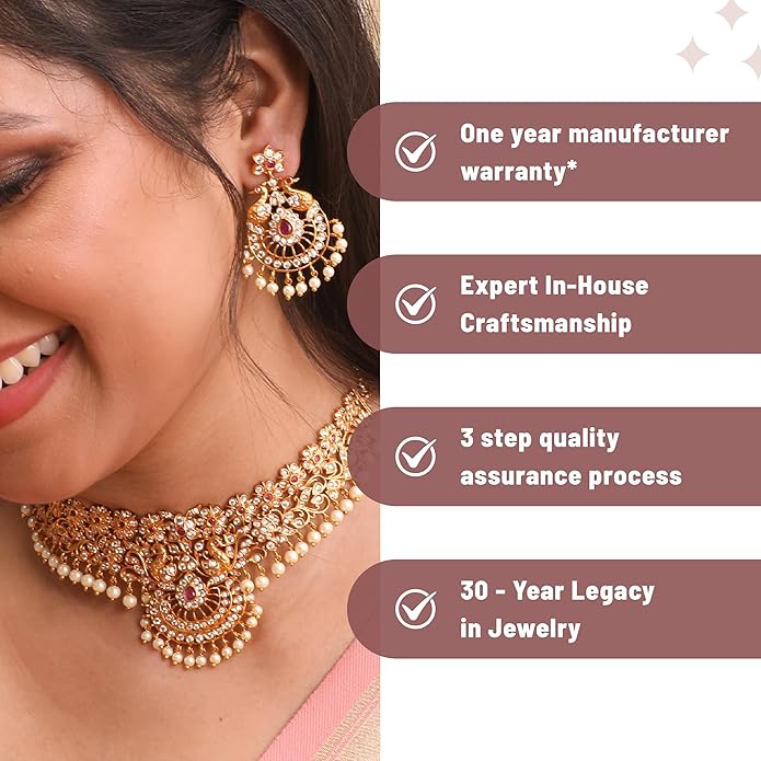 TARINIKA Brass Indian Choker Necklace Set - Gold Plated Cubic Zirconia Indian Jewelry Sets for Women Dangle, Drop, Jhumka Earrings Traditional Desi Necklace Pearls Gift for her