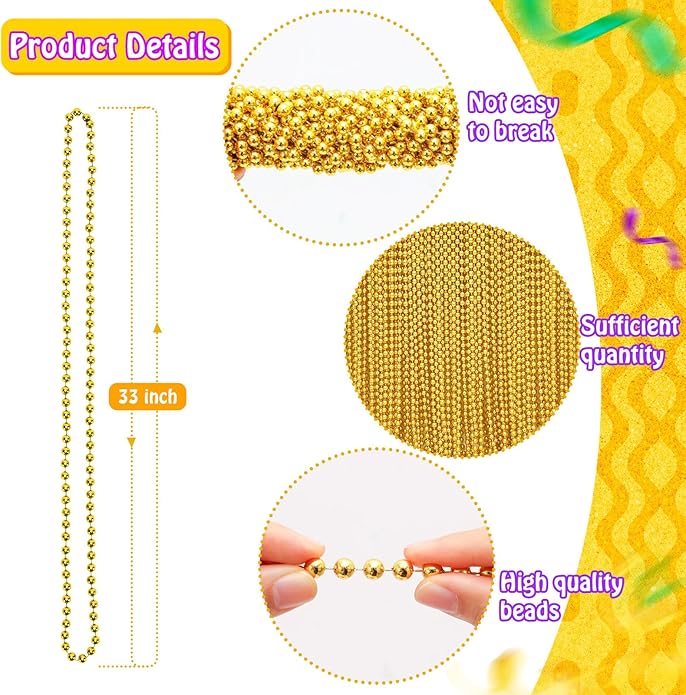 144 Pcs Mardi Gras Beads Bulk, 33 Inch 7mm Carnival Beaded Necklaces Decorations For Mardi Gras Festivals, Mardi Gras Parades, Night Club Dress-up Events Party Costume