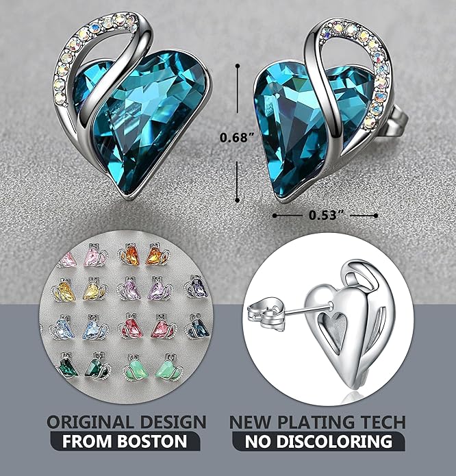 Leafael Infinity love Heart Birthstone Stud Earrings for Women, Valentine's Day Gifts for Mom, Wife, and Her, Silver Plated Birthday Jewelry