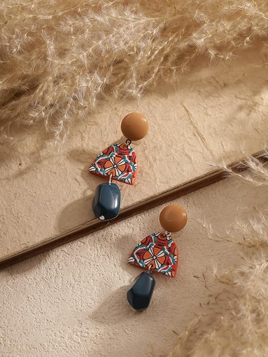 MINACHI Boho Chic Geometric Drop Earrings, Vibrant Multicolor Pattern with Navy Accent Beads & Glossy Studs, Jewelry Gift for Women