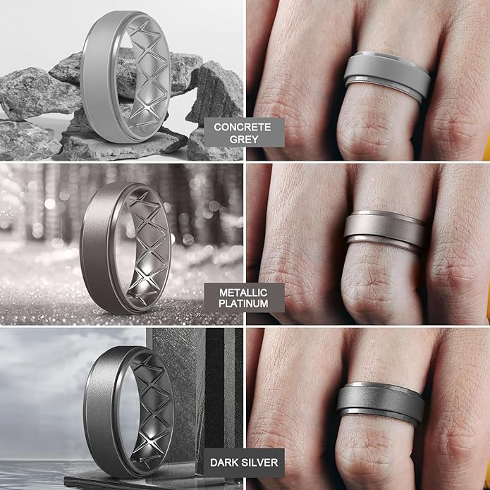Egnaro Men's Rings 8.5mm Wide-2mm Thick Inner Arc Ergonomic Breathable Rubber Wedding bands-Hypoallergenic for Gym/Outdoor/Gift((1-7 Variety Pack with Half Size)