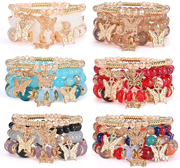 Bohemian Bracelet Sets for Women - 6 Sets Stackable Stretch Bracelets Multi-color Boho Jewelry for Women Hippie Bracelets Dainty Jewelry