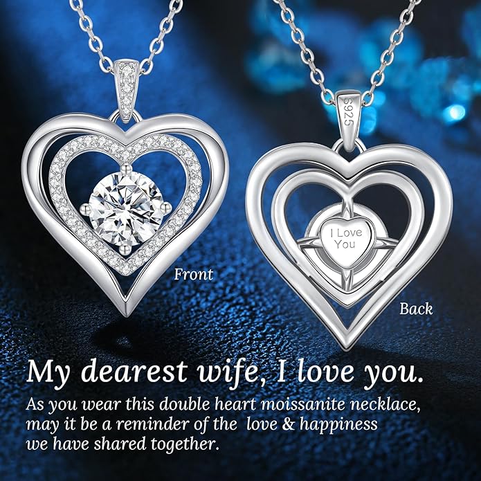Valentine's Day Gift Moissanite Heart Pendant Necklaces for Women, 925 Sterling Silver Necklace Engraved with 'I LOVE YOU', Ideal Anniversary Birthday Jewelry Gifts for Mom Wife Girlfriend Daughter Her