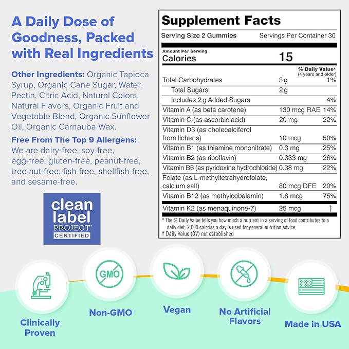 First Day Kids Multivitamin Gummies Age 4+, Strawberry & Orange - Kids Vitamins Multivitamin Gummy A C D3 K2 B1 B2 B6 B12 Folate, Immunity & Brain Function, Vegan - 30 Day Supply, Packaging May Vary