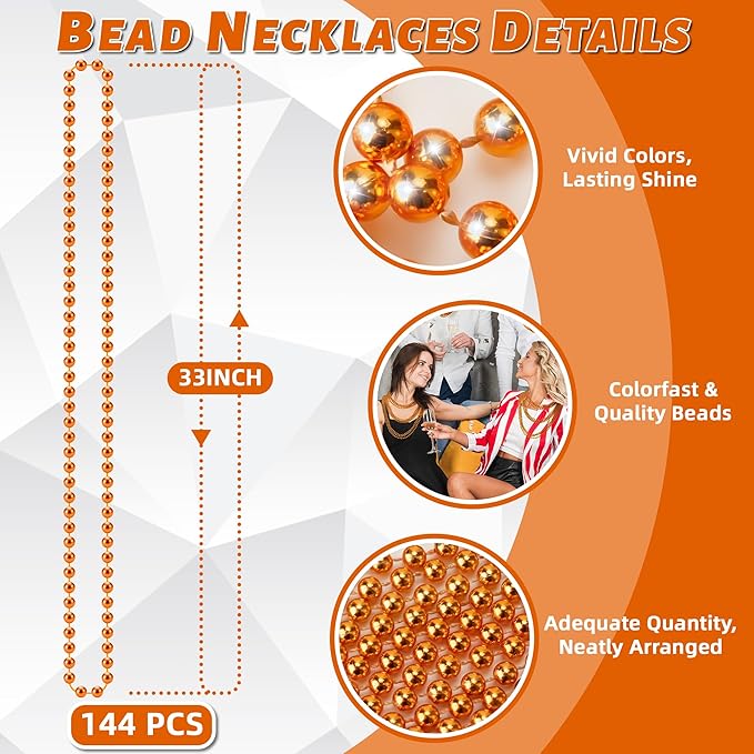 YAXINRUI 144 PCS Orange Bead Necklace, Orange Mardi Gras Beads, 33 Inch Halloween Beaded Necklace for Mardi Gras Christmas Halloween Festive Events