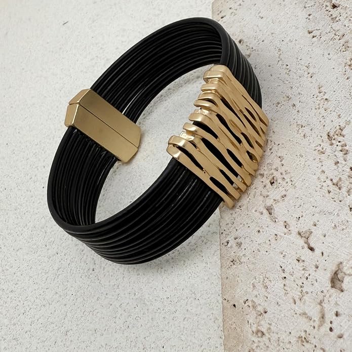 Leather Bracelet for Women Black Wrap Bangle Gold Infinity Bow-knot Bead Heart Bracelet Chunky Layered Bracelets for Women Trendy