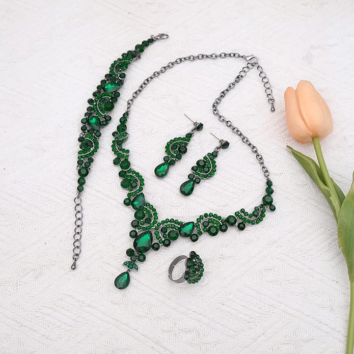 CSY Elegant Crystal Necklace Earrings Bracelet Ring Bridal Wedding Party Costume Jewelry Sets for Brides Women