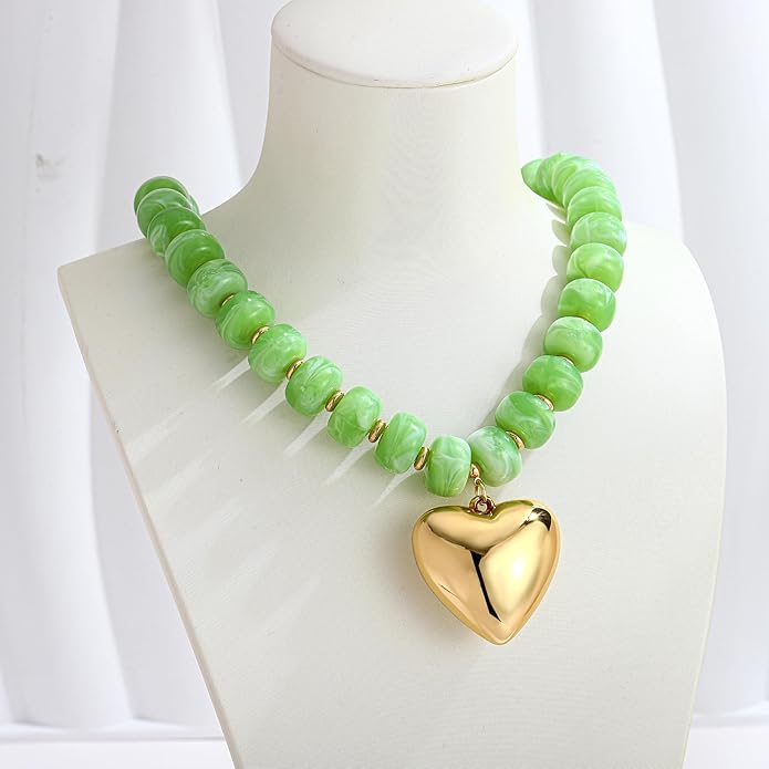 WOWORAMA Chunky Heart Necklaces for Women Colorful Resin Beaded Choker Necklace Gold Puffy Heart Statement Necklace Trendy Acrylic Choker Jewelry