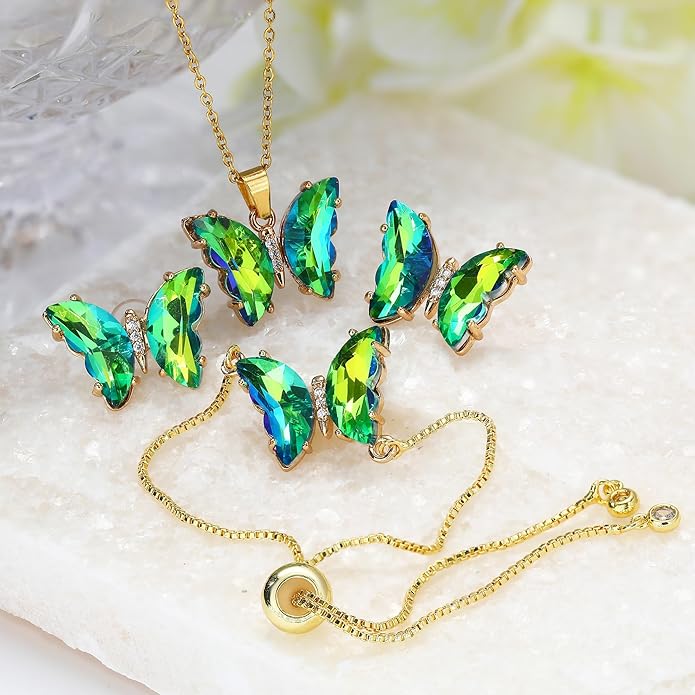 MISS RIGHT Butterfly Crystal Jewelry Set with Butterfly Necklace Stud Earrings Bolo Bracelet Adjustable Ring for Women Trendy, Iridescent Y2K Dainty Butterfly Jewelry Gifts