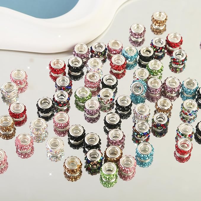 100Pcs Rhinestone Large Hole Beads Spacer Beads Mixcolor European Craft Big Beads Large Hole Rhinestones Lampwork Murano Bead Fairy Wand Garden Beads for DIY Bracelet Necklace Jewelry Making Supplies