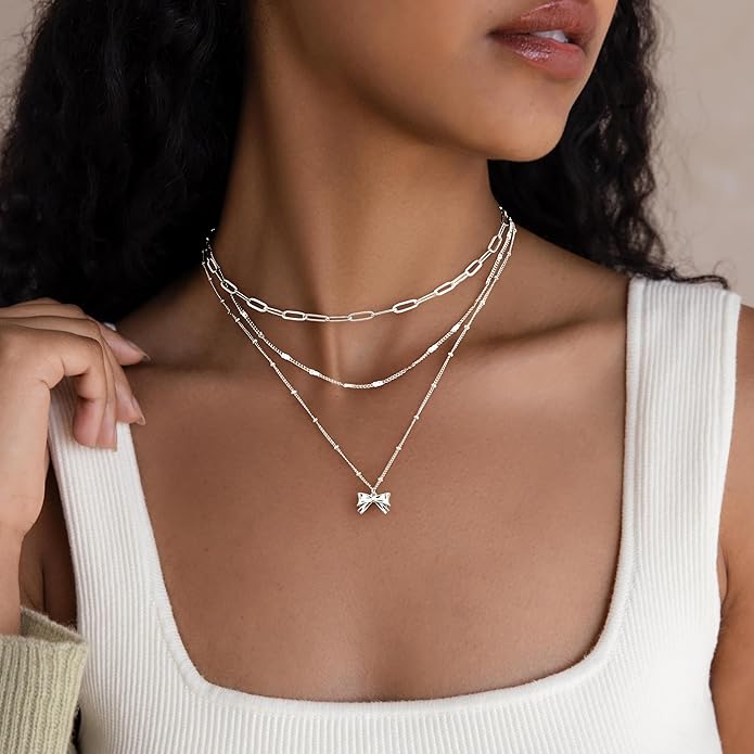 Layered Gold Necklaces for Women, Stackable Dainty 14K Gold Silver Plated Trendy Simple Heart Diamond Cross Bow Circle Pendant Paperclip Choker Dot Chain Necklace,Jewelry Set Gifts for Women