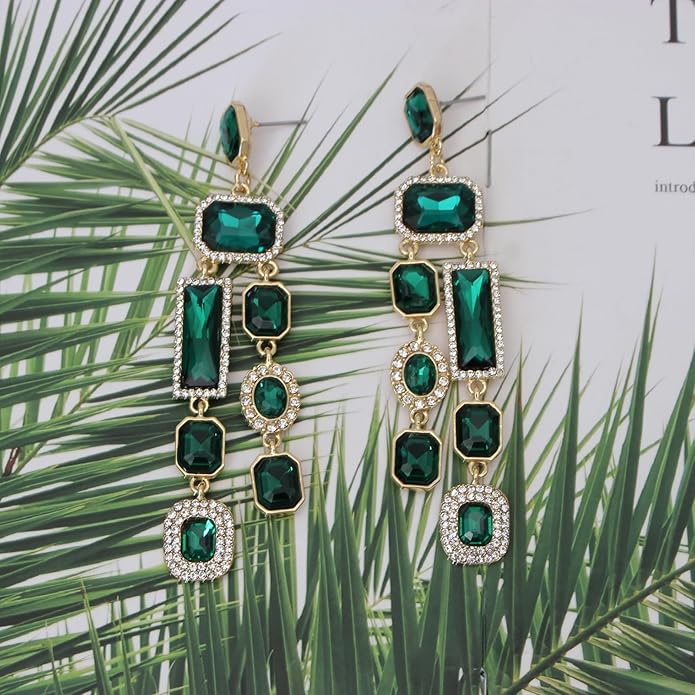 Vintage Rectangle Teardrop Chandelier Earrings, Art Deco Wedding Austrian Crystal Drop Dangle Earrings for Women Party Prom