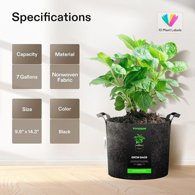VIVOSUN 5-Pack 7 Gallon Plant Grow Bags Fabric Pots - Image 6