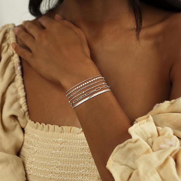 DEARMAY Dainty Silver Plated Bracelets for Women Trendy, Silver Jewelry Set for Women Bracelets for Women Paperclip Box Herringbone Figaro Rope Chain Bracelet Fashion Pack Gifts for Women