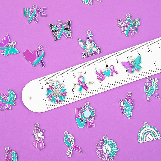 MARFOREVER 40 Pcs/20 Pairs Suicide Awareness Charms, Suicide Prevention Charms Teal Purple Ribbon Pendant for Bracelet Necklace Earrings Making Accessories
