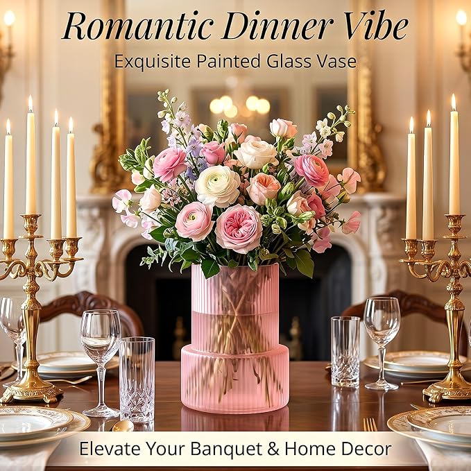 Pink Ribbed Glass Vase, Modern Decorative Flower Vase | Home Decor, Living Room - Image 5