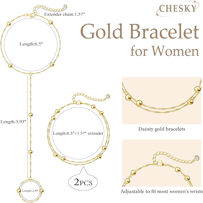 CHESKY 14K Gold Plated Hand Chain Bracelets for Women Set - Dainty Finger Ring Bracelet Stack Adjustable Hand Chains Durable Beaded Bracelets Trendy Simple Body Jewelry Gift for Women