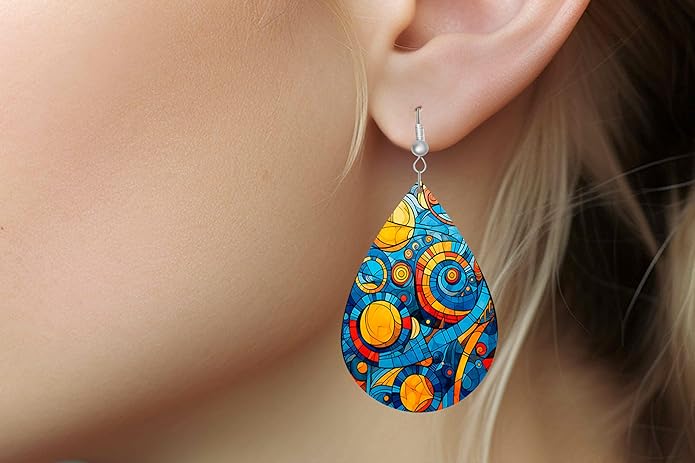 Teardrop Wood Earrings Light Weight Printed Image Dangle Jewelry, Fun and Funky Earrings