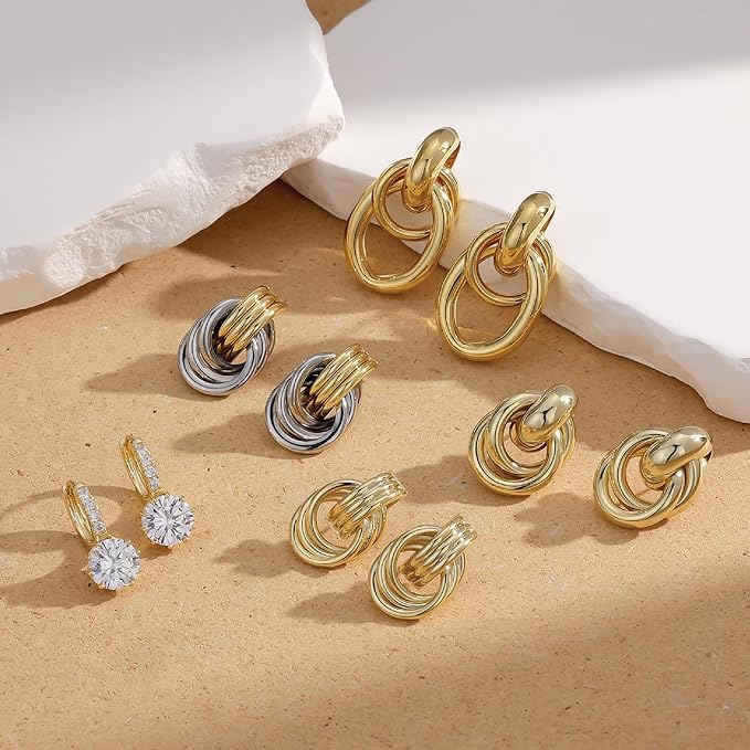 Knot Link Earrings Chunky, Circle Drop Dangle Statement Studs for Women, Silver and Yellow