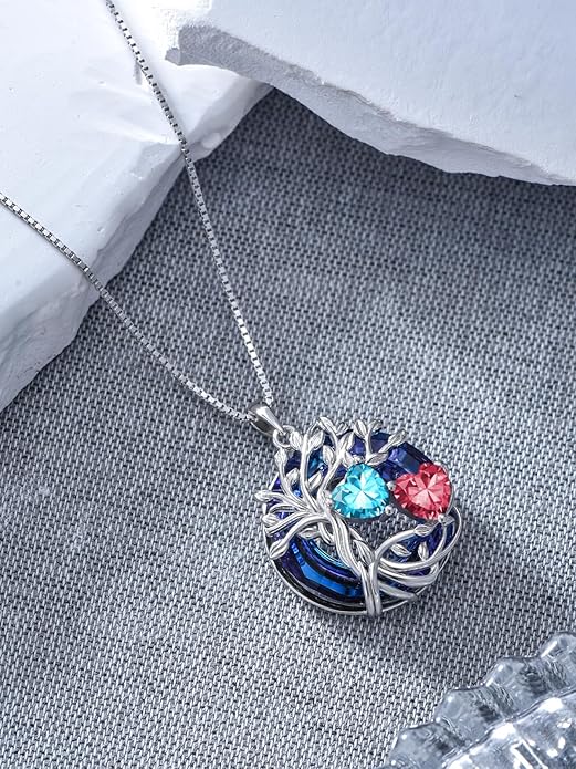 TOUPOP s925 Sterling Silver Family Celtic Tree of Life Pendant Necklaces with 2 Heart Birthstone with Blue Austrian Crystal Jewelry Birthday Valentines Day Gifts for Her, Anniversary Christmas Gifts for Wife Girlfriend Mom (18K Real White Gold Filled)
