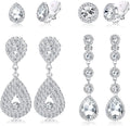 Jstyle 4 Pairs Silver Clip on Earrings for Women Elegant Rhinestone Clip on Earrings Dangle Drop for Brides Bridesmaids Non Pierced Earrings Set
