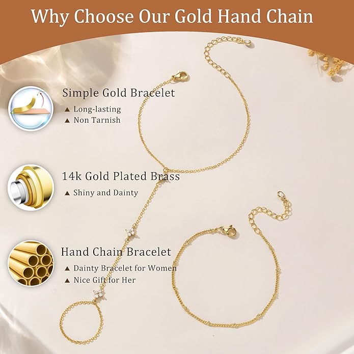 CHESKY 14K Gold Plated Hand Chain Bracelets for Women Set - Dainty Finger Ring Bracelet Stack Adjustable Hand Chains Durable Beaded Bracelets Trendy Simple Body Jewelry Gift for Women