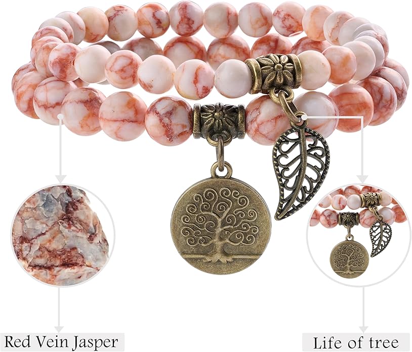 Bivei Natural Semi Precious Gemstone beads bracelet for women - Life Tree and Leaf Charm Energy Reiki Crystal Stretch Bracelets