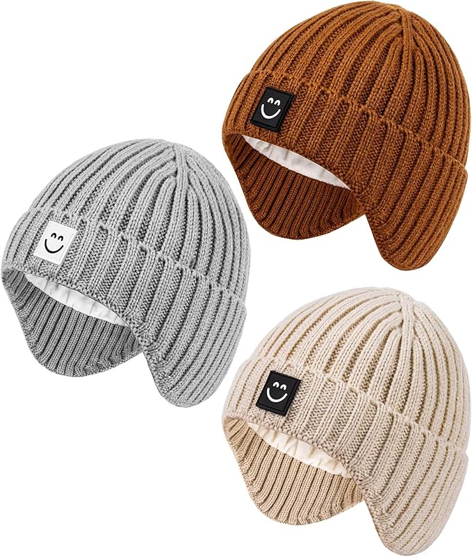 3 Pack Baby Beanie Hats with Earflaps, 2 Size Baby Winter Hat for Infant Toddler Kids, Fleece Lined Knit Hat for Girls Boys