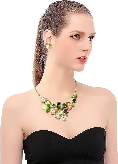 AMYJANE Vintage Statement Jewelry Set - Spring Leaf Flower Floral Plant Necklace Earring Set Crystal Rhinestone Fashion Costume Jewelry for Women Prom Party Unique Gift