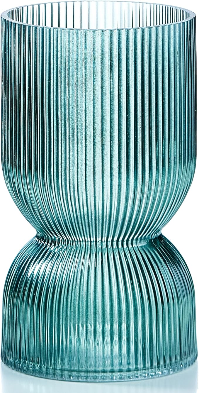 7.5 inch Vase for Flowers, Teal Ribbed Thickened Glass Vases, Hourglass Bud by TIMEFOTO