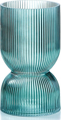 7.5 inch Vase for Flowers, Teal Ribbed Thickened Glass Vases, Hourglass Bud by TIMEFOTO