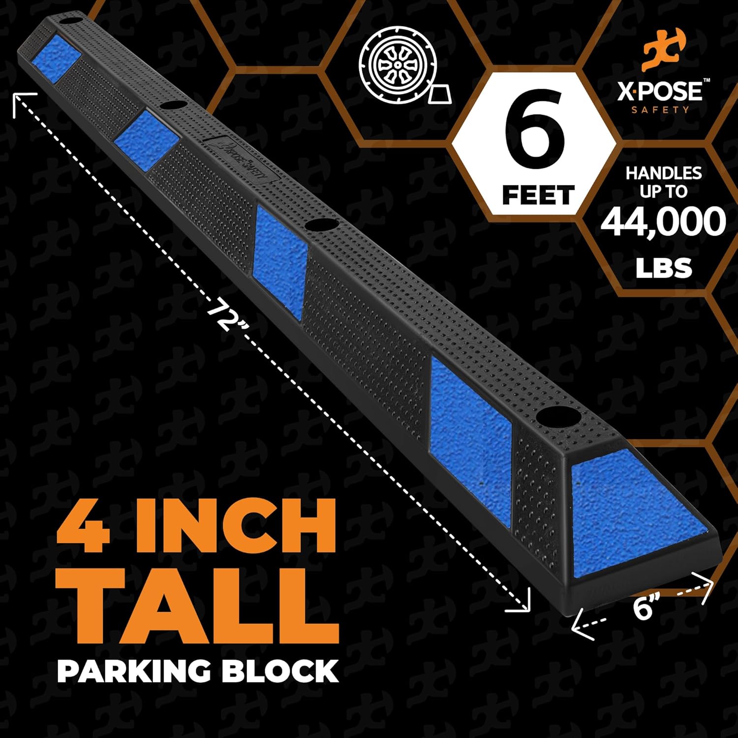 Xpose Safety Parking Stopper for Garage - Heavy Duty Rubber Car, Bumper Stop for Floor, Blue Reflective Strips, Removable Driveway, Ramp Wheel Block for Cars (72" - Pack of 1)