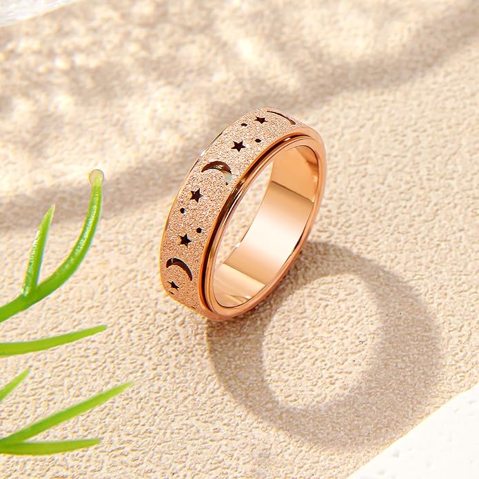 AmorArtSky Anxiety Ring for Women Men, Titanium Stainless Steel Spinner Ring, 5 Colors, 6MM, Size 6-10, 3 Styles Anxiety Ring-Moon Star, Sandblasted Finished, Hollow Outer
