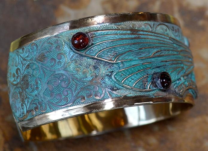 Elaine Coyne Collectible Artwear Verdigris Patina Solid Brass Decorative Dragonfly Cuff - Genuine Garnet