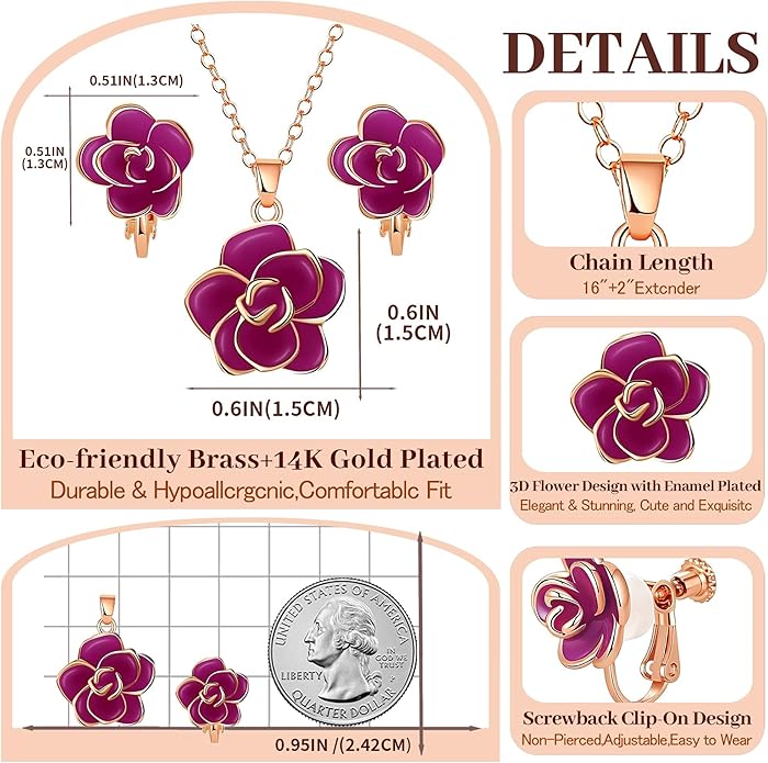 Dainty Rose Flower Pendant Necklace Clip On Earrings Set for Women 14K Gold Plated Hypoallergenic Jewelry Sets