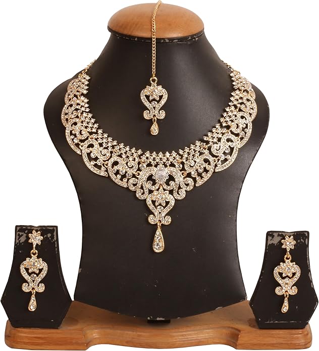Touchstone Indian jewelry set for women bollywood gold jewellery wedding outfits necklace sets earrings bridal maang tikka fancy costume girls big desi accessories rhinestone in gold or silver tone